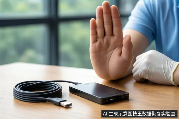 木质桌面上放置一个黑色移动硬盘和一根盘绕的黑色USB线缆。右侧一只未戴手套的手掌心朝外做出停止手势,另一只戴白色手套的手握拳平放在桌面上。背景为模糊的窗户。