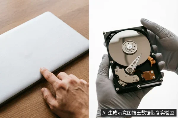 左侧展示一只手正在触碰闭合的笔记本电脑边缘，象征用户面对故障设备的操作；右侧为戴着防护手套的双手托举着已拆解的机械硬盘内部结构，清晰可见磁盘盘片与磁头组件。