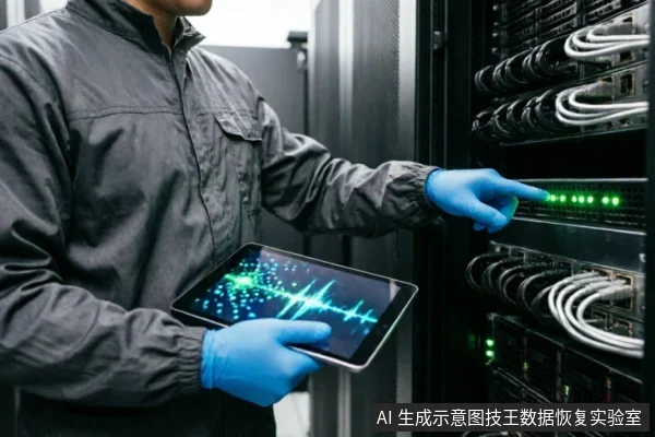 一名身穿灰色工作服、戴蓝色手套的技术人员站在服务器机柜前,手持显示波形图的平板电脑,另一只手指向机柜中亮着绿灯的硬件设备,展示专业数据检测环境。
