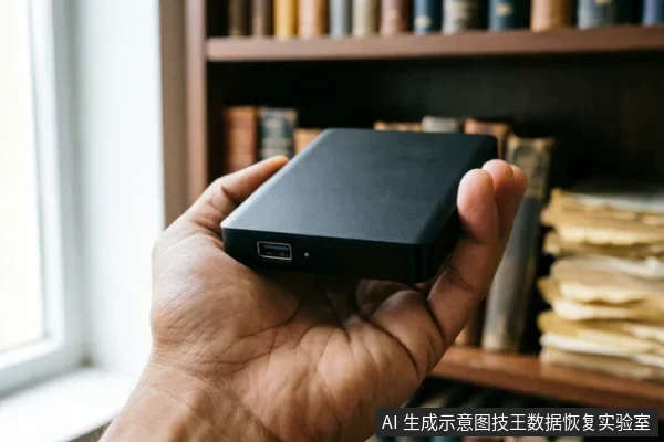 一只手掌托举着一个黑色的移动硬盘,背景为模糊的书架和书籍。画面聚焦于手持设备的特写,未展示连接电脑或任何操作动作,仅呈现设备外观。