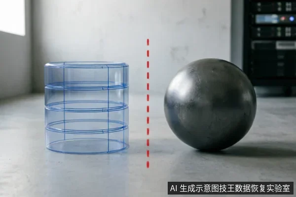 画面展示了放置在桌面上的两个物体:左侧是一个由透明材质和蓝色线条构成的圆柱体模型,右侧是一个深灰色的金属球体,中间有一条红色虚线将两者隔开。背景模糊可见服务器机柜设备。