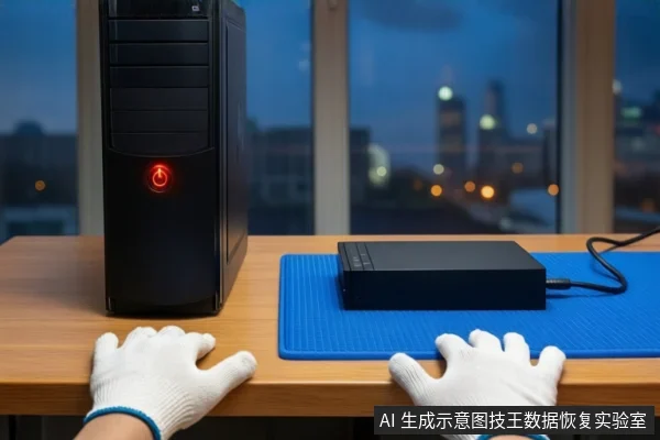 木质桌面上，左侧竖立一台黑色塔式主机，正面电源按钮亮红灯。右侧蓝色防静电垫上平放一个黑色外接硬盘盒，连接着黑色数据线。前景一双戴白手套的手平放在桌边。背景为模糊的窗户和城市夜景。