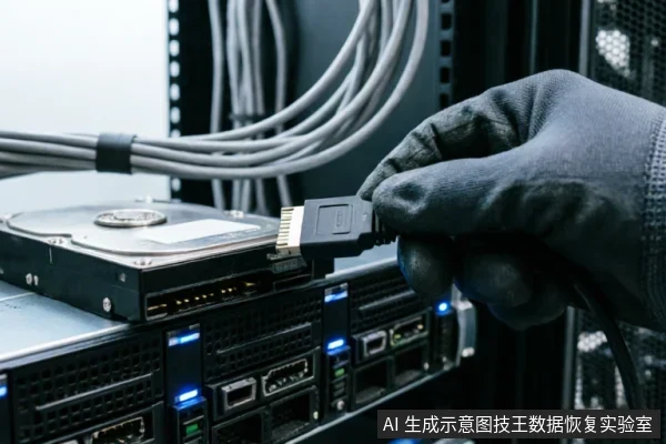 画面展示一只戴着黑色防静电手套的手,正将SATA数据线连接至裸露的机械硬盘接口。背景为带有蓝色指示灯的服务器机架及理线整齐的线缆,直观呈现了数据恢复或硬件检测中检查物理连接链的操作场景。