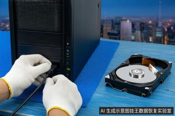蓝色桌面上,左侧竖立一台黑色塔式主机,前景一双戴白手套的手正在主机后部插拔黑色线缆。右侧蓝色防静电垫上平放一块打开外壳的机械硬盘,背景为模糊的城市夜景。