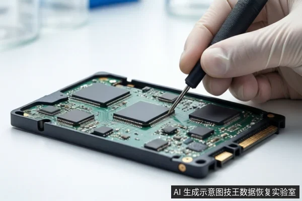 白色桌面上平放一块裸露的固态硬盘(SSD),右侧一只戴白色手套的手正握持黑色精密螺丝刀,将其尖端接触SSD电路板上的芯片。背景为模糊的实验室环境。