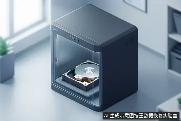 画面展示一个深灰色立方体设备，正面为透明面板，内部放置一块机械硬盘，设备置于浅色桌面上，背景为模糊的室内环境。