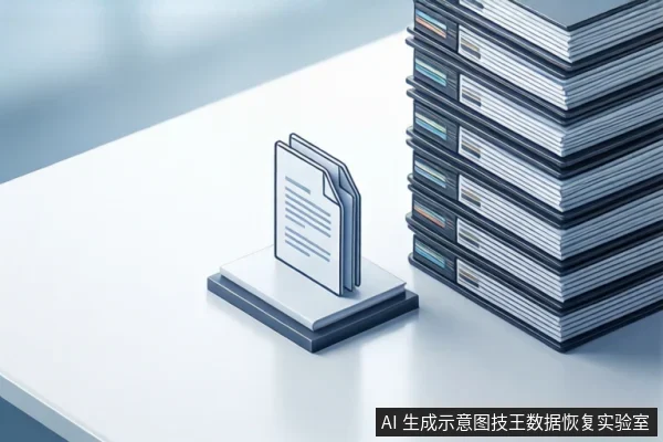 白色桌面上，左侧透明底座上竖立三份文件图标，右侧堆叠一摞硬盘，右下角有固定标识。