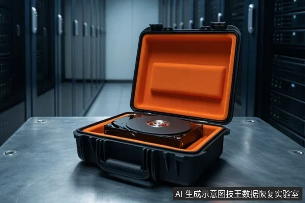 服务器机房背景中,一个打开的黑色防护箱内放置着一块裸露的机械硬盘,箱内衬有橙色泡沫。