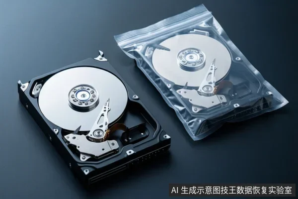 深色桌面上放置两块裸露的机械硬盘,左侧硬盘直接摆放,右侧硬盘置于透明自封袋内,可见盘片与磁头组件。