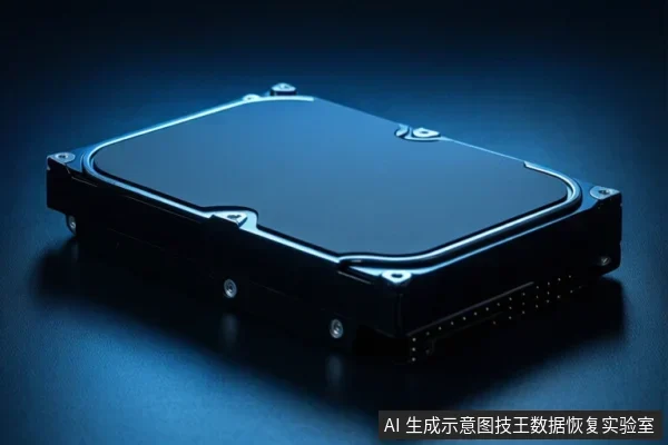 画面中展示了一块黑色的机械硬盘,放置在深色背景上,硬盘表面有金属光泽,接口部分清晰可见。