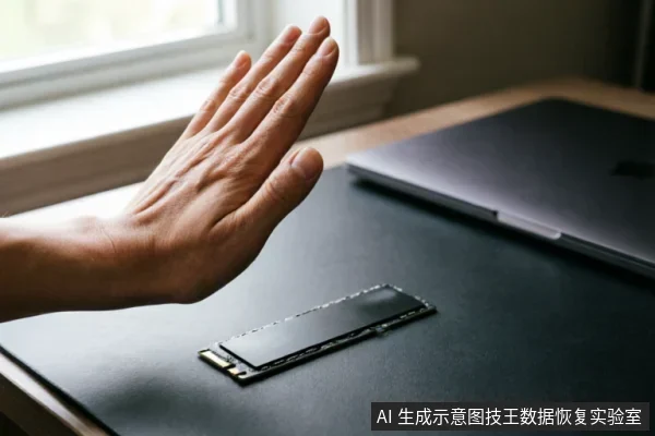 一只手掌在黑色桌面上做出停止手势,掌心朝向一块放置的M.2 NVMe固态硬盘。背景模糊处有一台闭合的笔记本电脑,整体画面传达出对故障存储设备立即停止操作、保持断电静止的含义。
