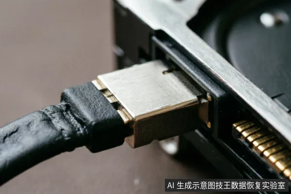 特写展示一根黑色SATA数据线已稳固插入机械硬盘的金属接口中,清晰呈现连接状态及内部金色触点。