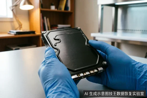 一双戴着蓝色防护手套的手正托举着一块黑色3.5英寸机械硬盘,背景为模糊的办公桌、台灯及置物架。画面展示了专业人员在洁净或受控环境下检查硬盘外观的动作,未展示内部结构。