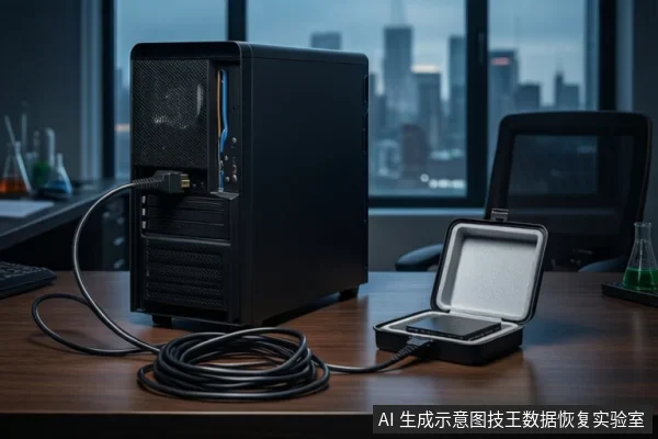 木质桌面上,左侧黑色塔式主机背面连接一根盘绕的黑色线缆,线缆另一端连接右侧打开的银色防震箱内的黑色固态硬盘,背景为模糊的城市夜景。