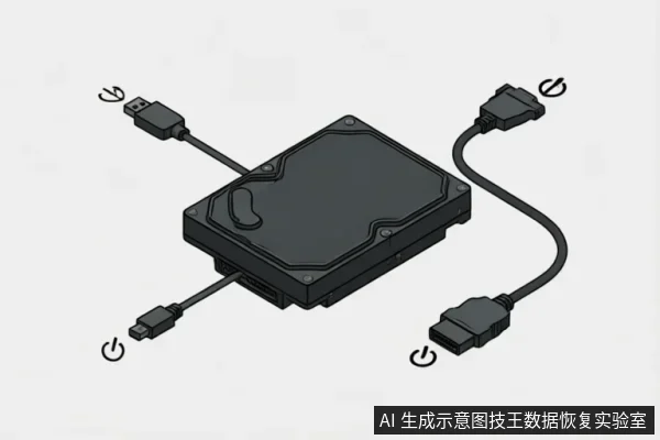 一张黑色机械硬盘的示意图,展示了其背面的接口连接状态。图中通过线条引出并标注了USB、Micro-USB及SATA数据与电源接口的连接位置,示意外部连接链路的排查与验证过程。