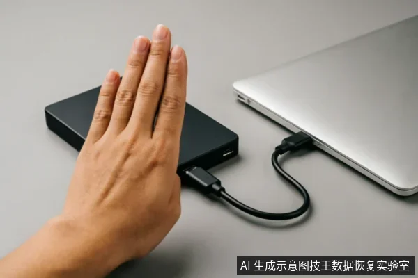 一只手正按在连接着笔记本电脑的黑色移动硬盘上，做出停止或阻断的手势，示意立即切断物理连接并停止通电操作。