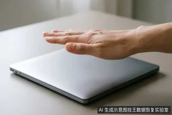 一只手掌悬停在一台闭合的银灰色笔记本电脑上方,未接触设备表面。背景简洁模糊,突出了手与电脑的空间关系,象征对硬件的物理干预或操作边界。