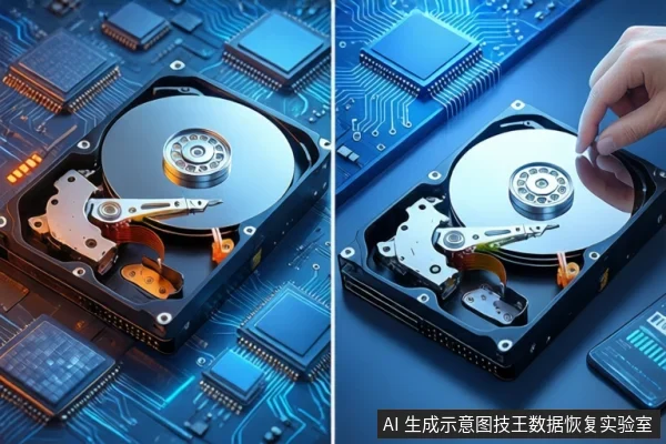 画面左右分屏,蓝色电路板背景上各放置一块打开外壳的机械硬盘,可见盘片、主轴和磁头臂。右侧画面中一只手指正触碰硬盘盘片。右下角有固定标识。