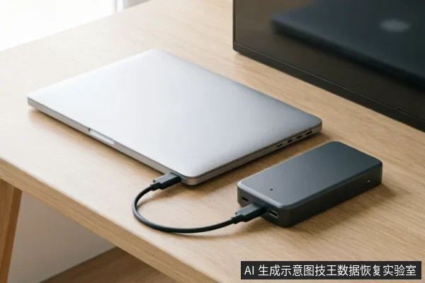 一张银色笔记本电脑放置在浅色木纹桌面上,机身侧面通过黑色数据线连接着一个深灰色的长方形移动存储设备,展示了外部存储介质的物理连接状态。