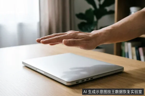 一只手掌悬停在闭合的银色笔记本电脑上方,做出停止或保持距离的手势。电脑放置在木质桌面上,背景模糊可见书架和绿植,示意在设备故障时保持静止、避免操作的状态。