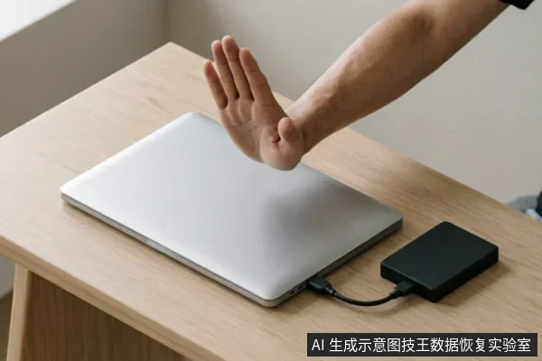 一只手掌在连接着移动硬盘的笔记本电脑前做出停止手势,示意立即断电并停止操作。画面直观传达了面对磁盘故障时禁止自行尝试修复、避免进一步损坏数据介质的核心警示。