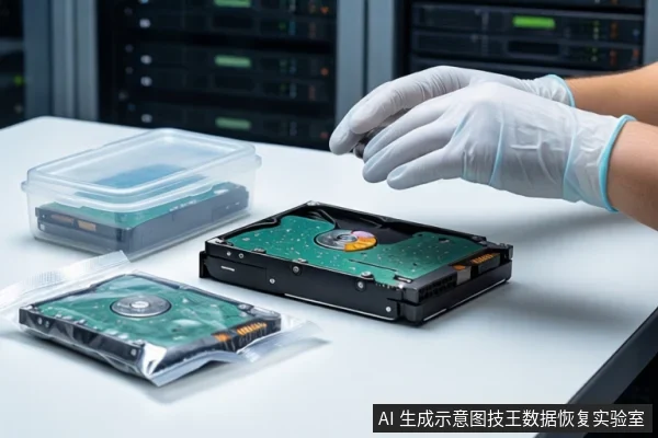 白色桌面上,前景一双戴白手套的手正在操作一块打开外壳的机械硬盘,旁边有防静电袋和透明盒。背景为模糊的服务器机柜。