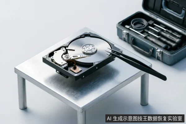一个打开外壳的机械硬盘放置在金属工作台上,一把黑色镊子正夹持着读写磁头臂,背景处有一个装有螺丝刀等维修工具的打开工具箱。画面展示了专业硬件检测与数据恢复的操作场景。