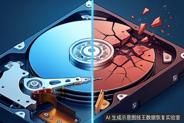 画面中央是一块打开外壳的机械硬盘,被一道垂直蓝色光带分为左右两半。左侧盘片呈蓝色且表面完整,右侧盘片呈红色并布满裂纹,碎片向外飞散。前景可见磁头臂和主轴结构。