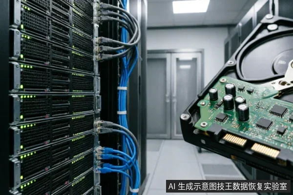画面展示了数据中心机房环境,左侧是排列整齐且亮着指示灯的服务器机柜,连接着蓝色网线。右侧前景特写展示了一块拆开外壳、露出绿色电路板与电子元件的机械硬盘,背景为模糊的通道与玻璃门。