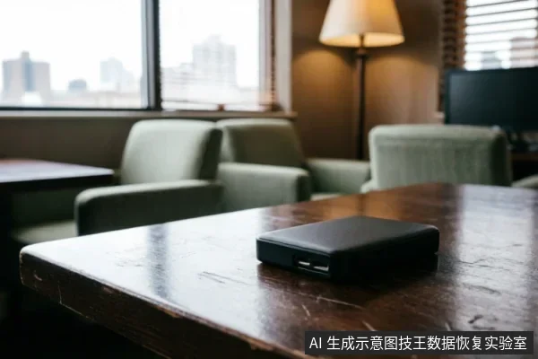 一个黑色的移动硬盘盒静置在深色木质桌面上,背景为模糊的室内休息区沙发与落地灯。画面聚焦于存储介质本身,营造出一种等待检测或数据保护的氛围,未展示具体操作细节。