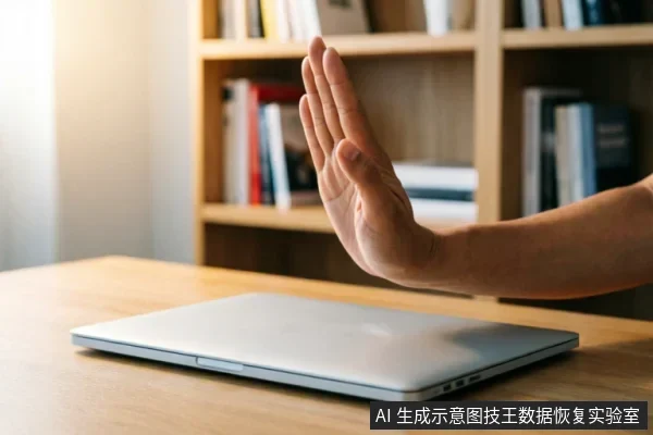 一只手掌在闭合的银色笔记本电脑前做出明确的“停止”手势,示意禁止操作。背景为模糊的木质书架和书籍,营造出办公或家庭环境。画面直观传达了在面对电脑故障时,应立即停止通电、避免盲目尝试软件修复或格式化等危险操作的紧急处置原则。