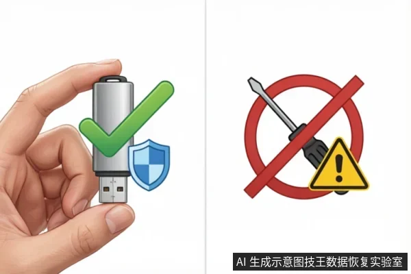 左侧画面展示一只手拿着带有绿色对勾和蓝色盾牌图标的USB闪存盘,象征安全与保护;右侧画面为被红色禁止符号覆盖的螺丝刀及黄色警告标志,示意严禁拆解。