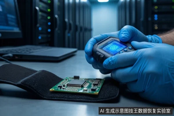 戴蓝色手套的双手在深色桌面上持握一个带蓝色屏幕的黑色手持设备,下方黑色垫子上平放一块绿色电路板,背景为模糊的服务器机柜和笔记本电脑。