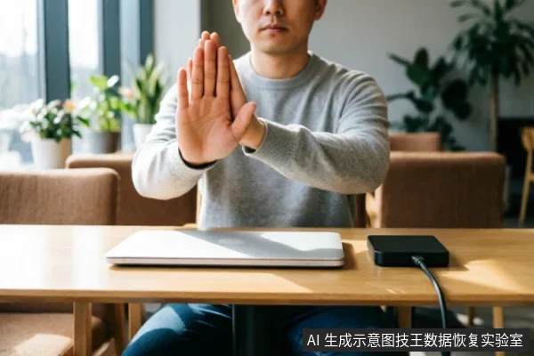 一名身穿灰色毛衣的男子坐在木桌前,双手在面前做出明显的“停止”手势。桌面上放置着一台闭合的银色笔记本电脑和一个连接着数据线的黑色移动硬盘,示意在设备故障时立即停止通电与操作。