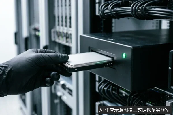 一只戴着黑色防静电手套的手正将一块银色机械硬盘插入机架式服务器的硬盘托架中,设备上的绿色指示灯亮起,背景可见整齐排列的服务器机柜与线缆。