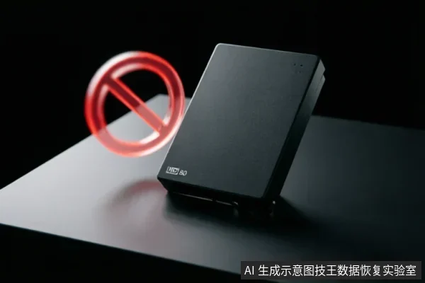 黑色WD品牌移动硬盘静置于深色台面上，左侧悬浮一个发光的红色禁止符号。画面通过视觉符号强调在设备故障时严禁通电、扫描或进行任何操作，需保持断电静止状态。