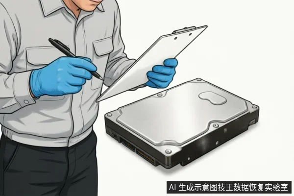 一名身穿浅色工装、戴着蓝色防护手套的技术人员，左手托着写字板，右手持笔正在记录。其面前放置着一块银黑色的机械硬盘，画面展示了专业人员对故障硬盘进行外观检查、记录序列号及评估设备状态的场景。
