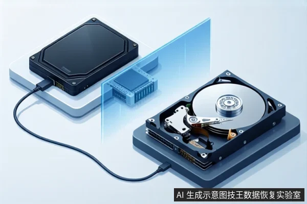浅蓝背景上,左侧黑色硬盘盒通过线缆连接右侧打开外壳的机械硬盘,中间有蓝色全息芯片示意图。
