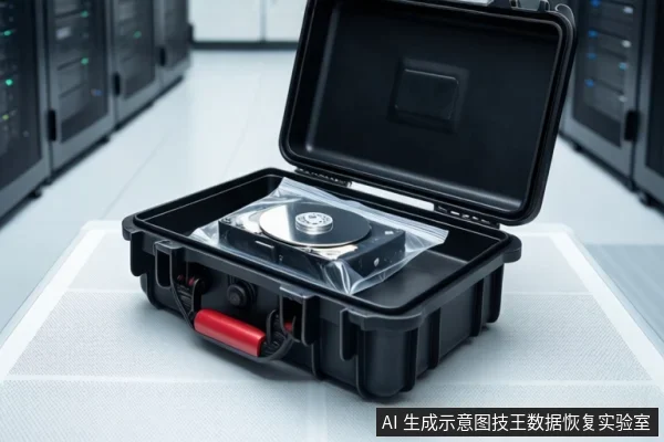 白色防静电垫上,一个打开的黑色防震箱内平放着一块装在透明袋中的机械硬盘,箱体侧面连接着红色线缆,背景为模糊的服务器机柜。