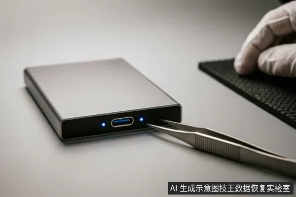 一只戴着白色防静电手套的手在黑色防静电垫旁，使用金属镊子精准操作银色移动硬盘的USB接口。蓝色指示灯亮起显示设备通电，画面展示了专业数据恢复环境中对精密硬件进行的规范物理检测与操作。
