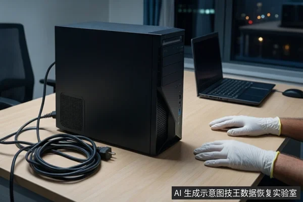 木质桌面上放置一台黑色台式主机,左侧盘绕着一根黑色电源线。右侧是一台打开的笔记本电脑,一双戴白色手套的手平放在桌面上,背景为模糊的窗户和城市夜景。