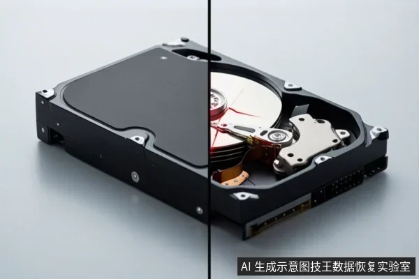 机械硬盘外观与内部结构对比示意图，左侧为黑色外壳，右侧展示盘片、磁头组件及接口。
