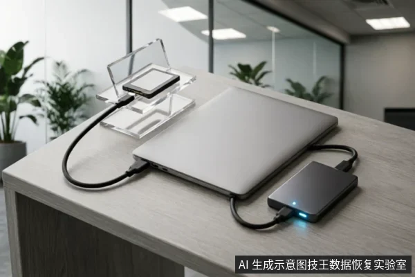 画面展示了一台闭合的银色笔记本电脑,通过USB线连接着一个带有蓝色指示灯的黑色扩展坞,另一根线缆连接至放置在透明亚克力支架上的移动硬盘。场景直观呈现了移动硬盘通过扩展设备连接电脑的外部物理连接状态。