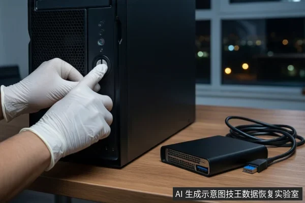 木质桌面上，左侧竖立一台黑色塔式主机，前景一双戴白手套的手正在按压主机正面的电源按钮。右侧平放一个黑色外接硬盘盒，连接着黑色线缆。背景为模糊的城市夜景。