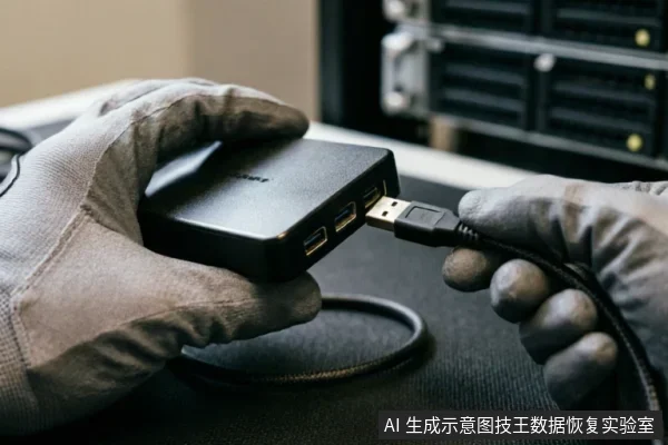 戴着灰色防护手套的双手正在将USB数据线连接至黑色移动硬盘盒的接口,背景模糊可见服务器机架设备。画面展示了数据恢复前检查外部连接链与设备识别状态的专业操作场景。