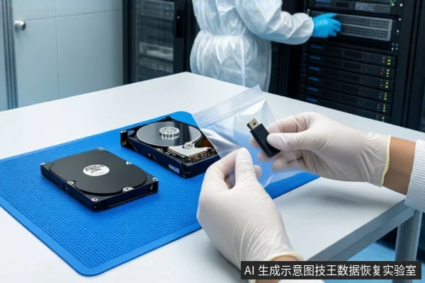 洁净室白色桌面上,蓝色防静电垫上平放两块机械硬盘。前景一双戴白手套的手正持握一个黑色U盘,另一只手拿着透明防静电袋。背景中一名穿无尘服的技术人员站在服务器机柜旁。