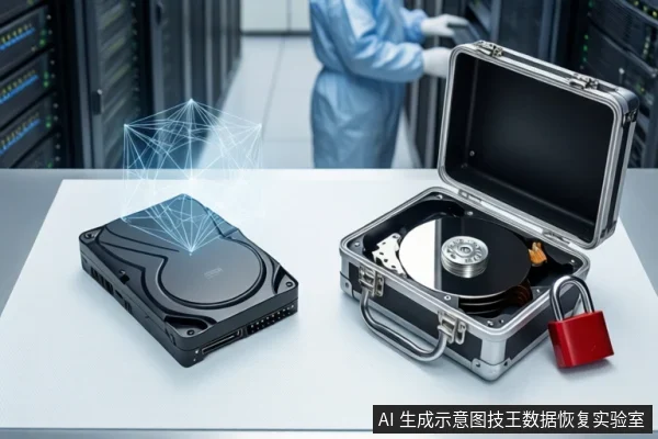 白色桌面上,左侧平放一块闭合的黑色机械硬盘,上方悬浮蓝色线框网络;右侧打开的银色防震箱内平放一块裸露机械硬盘,箱体挂有红色挂锁。背景为模糊的服务器机柜和一名穿无尘服的技术人员。