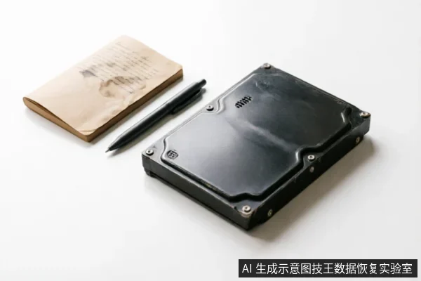 白色背景上放置着一块黑色的机械硬盘，旁边有一本泛黄且带有污渍的旧笔记本和一支黑色签字笔。画面通过记录工具暗示在硬盘故障时记录异常现象（如异响、日志）以备专业诊断的场景。