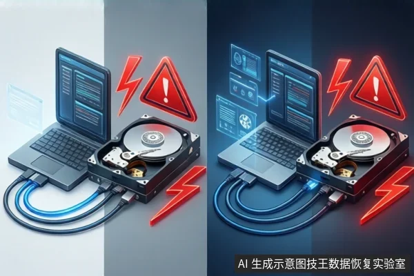 画面左右并列展示两台笔记本电脑,均通过蓝色线缆连接至打开外壳的机械硬盘。硬盘上方悬浮红色警告三角和闪电符号,屏幕显示模糊界面,右下角有固定标识。