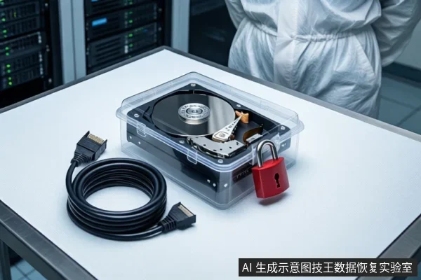 洁净室白色桌面上，中央透明盒内平放一块打开外壳的机械硬盘，右侧挂有红色挂锁。左侧盘绕一根黑色SATA数据线。背景中一名穿无尘服的技术人员站在服务器机柜旁。